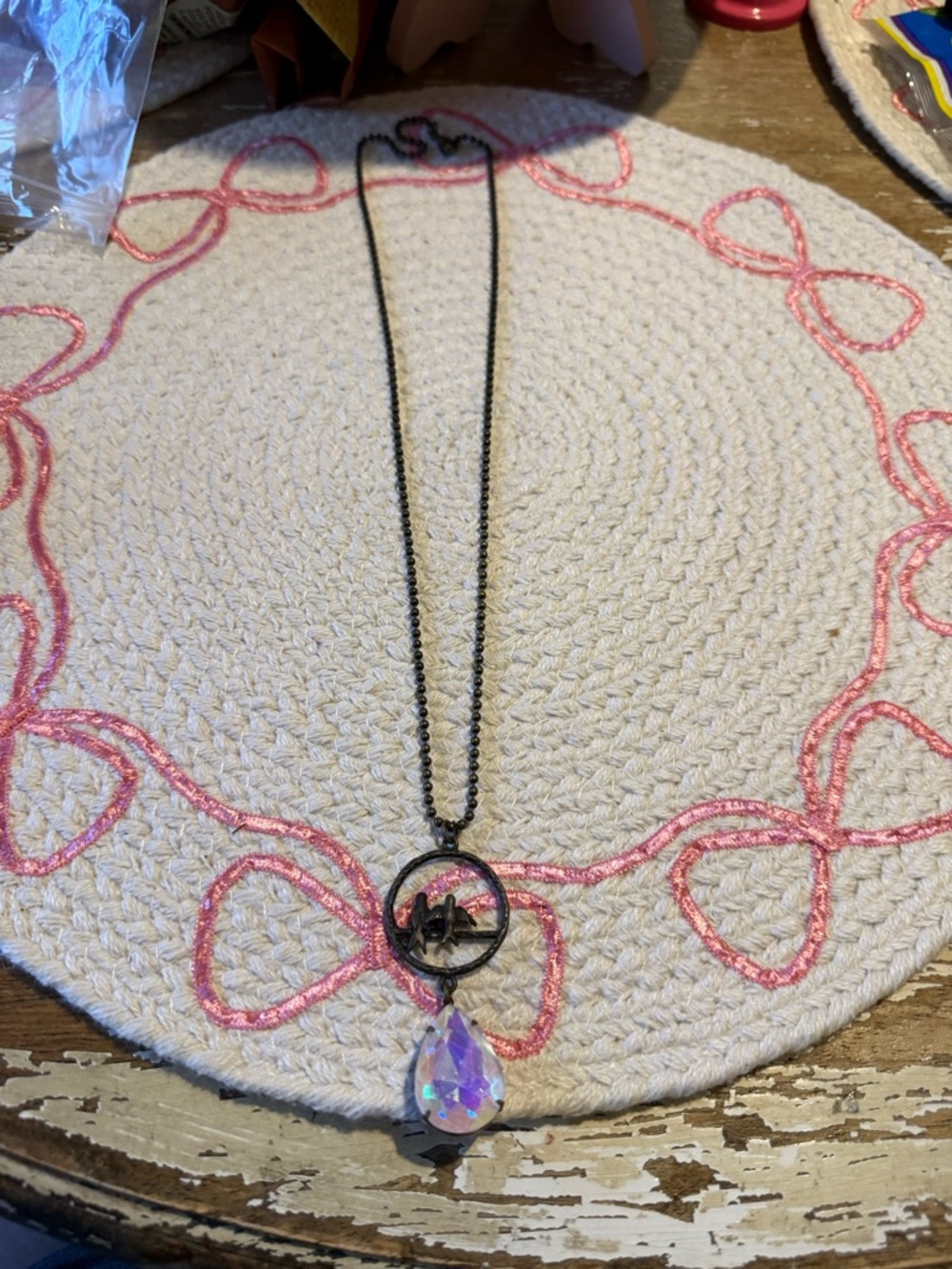Black Bird Pendant Necklace with Iridescent Teardrop Crystal